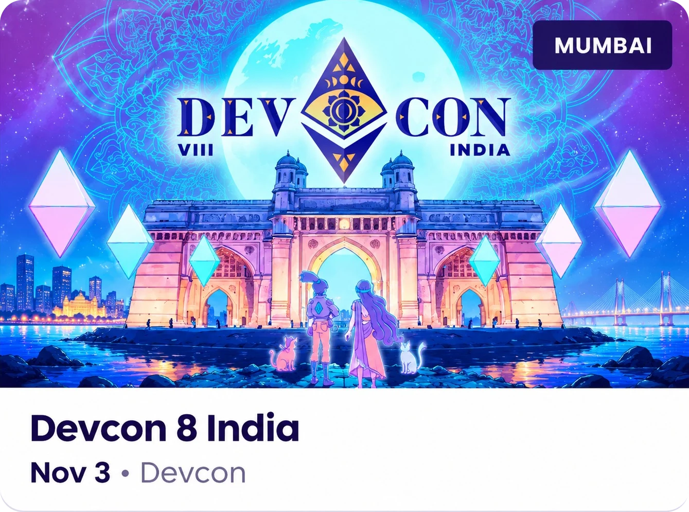 Devcon 8 India in Mumbai, Nov 3: illustrated Gateway of India under a full moon with the Devcon VIII logo